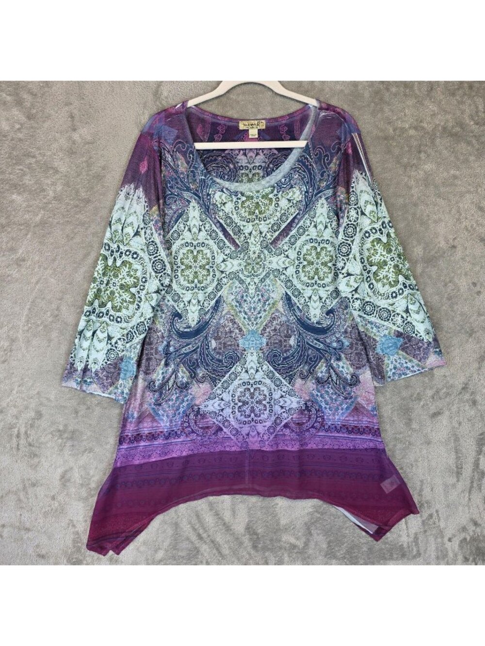 One World Blouse Womens XL Multicolor Paisley Scoop Neck 3/4 Sleeve Tunic Top